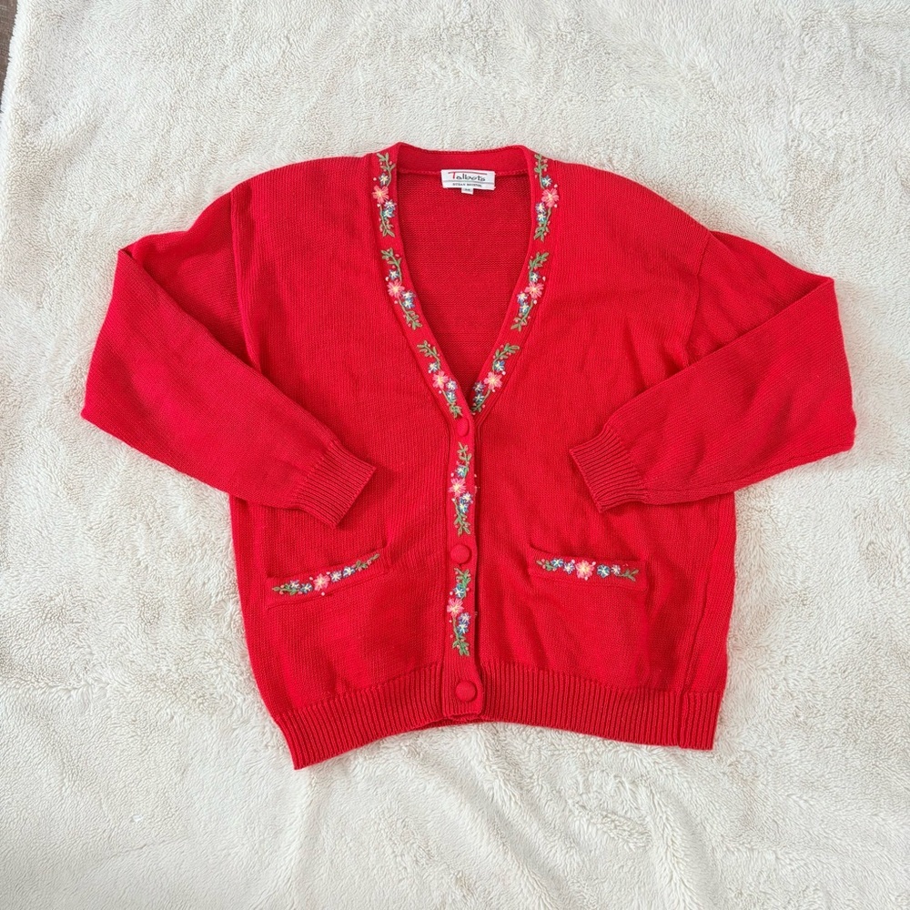 Red Floral Cardigan | Cottagecore Embroidery Ramie Cotton Knit Grandma Core - Picture 2 of 12